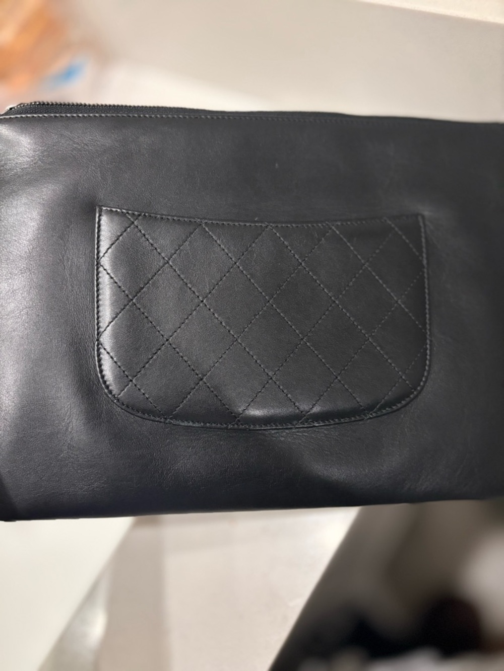 CHANEL Black Leather Chain-Script Zip Pouch with Gold & Silver Chain - Picture 3 of 3